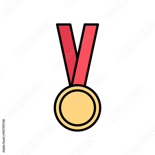 Gold medal on red ribbon, sport gold medal in doodle style illustration for award ceremony design. Vector