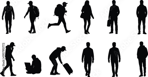 Black silhouettes of people traveling with backpacks and luggage, commuters walking, man sitting with laptop, and travelers in various poses