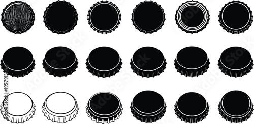 bottle, caps, metal, crown, lid, beverage, beer, soda, seal, packaging, top, design, vector, illustration, set, collection, isolated, black, shapes, icons