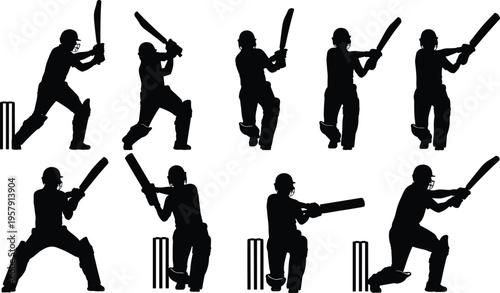 Set of black silhouettes of cricket batsmen in various batting stances playing different shots with bat and wickets on white