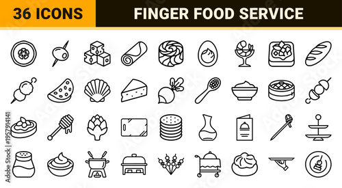 Gourmet Appetizer and Canapé Line Art Essentials: Minimalist Monoline Symbols for Catering, Fine Dining, and Finger Food Gastronomy.