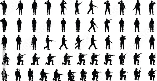 Large set of black military silhouettes featuring soldiers saluting, marching, kneeling, and aiming rifles in various combat and tactical poses