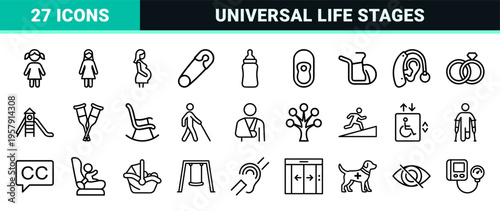 Human Life Cycle and Accessibility Universal Signage Outline Icons Featuring Demographic Diversity Pregnancy Aging and Disability Symbols