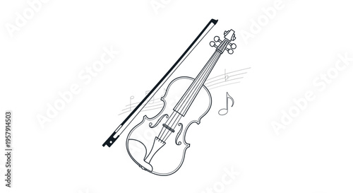 Violin and Bow with Musical Notes, Artistic Drawing