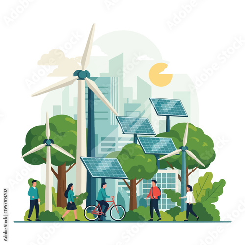 Eco-friendly cityscape with wind turbines, solar panels, and people