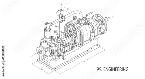 Vintage Industrial Steam Engine Machinery Illustration