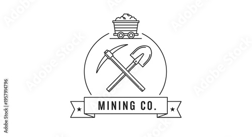 Vintage Mining Tools Illustration with Ore Cart and Banner