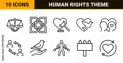 Ethical Values and Social Justice Monoline Icon Set featuring Human Rights, Equality, Community Support, and Philanthropy Abstract Line Art.