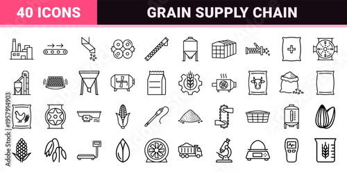Industrial Feed Production and Grain Milling Line Art Icons Featuring Minimalist Silos, Conveyors, and Agricultural Processing Equipment.