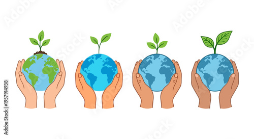 Hands cradling miniature earth globes with growing plant life