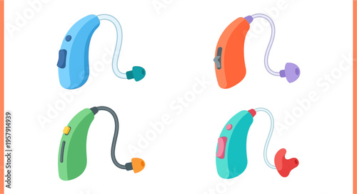 Four colorful hearing aids shown in a simple illustrative style