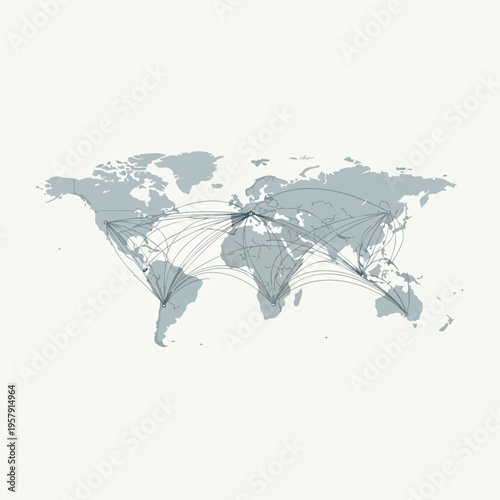 Global map with connecting lines showing interconnected travel routes between continents