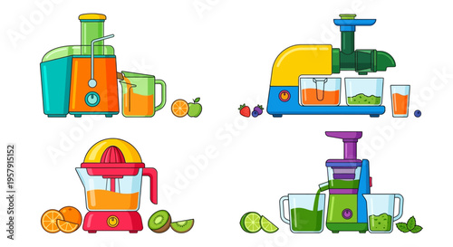 Colorful illustration of various electric juicers and fresh fruit juices