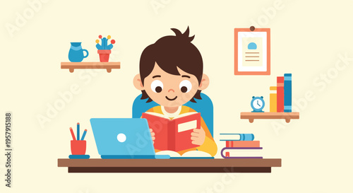 Kids Studying at Home Flat Vector Illustration Online Learning Concept