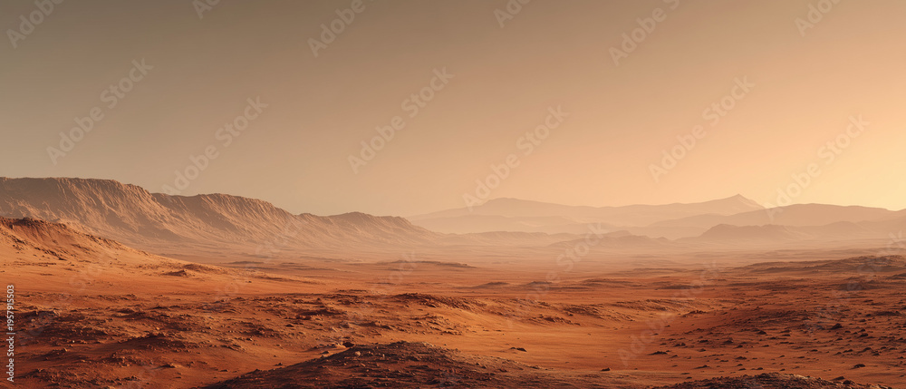 Naklejka premium Ultra Realistic Minimal Mars Landscape with Red Desert Terrain and Copy Space