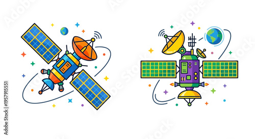 Colorful illustration depicting two different communication satellites in orbit
