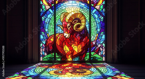 Vibrant stained glass window featuring a majestic ram with large horns, casting colorful reflections on the floor in a dimly lit room.