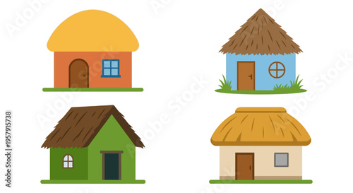 Four colorful simplistic houses with thatched and tiled roofs displayed