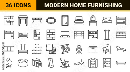 Minimalist Furniture and Home Decor Line Art Icons featuring Geometric Outlines for Interior Design and Architectural Floor Planning
