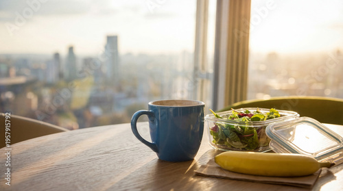 Healthy packed salad, banana, and coffee cup on a wooden table in a sunlit office break room with a city view.