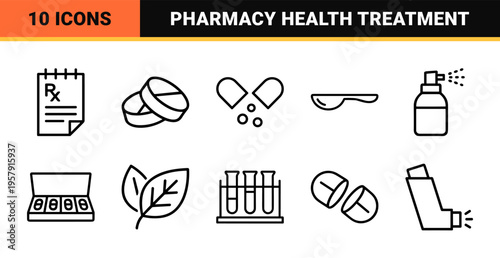 Pharmaceutical Medicine and Healthcare Supplement Outline Symbols Featuring Minimalist Monoline Geometric Line Art for Clinical Utility