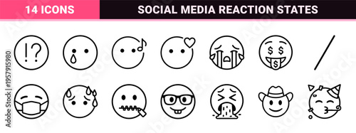 Minimalist Monoline Emoji Reaction Icons for Digital Interfaces and Modern UI Communication Featuring Clean Geometric Line Art Symbols