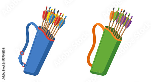 Two archery quivers filled with colorful arrows isolated on white