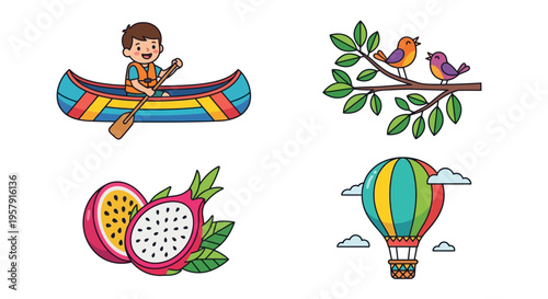Colorful illustration featuring a canoe dragon fruit and hot air balloon