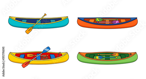 Four colorful cartoon canoes with paddles viewed from above