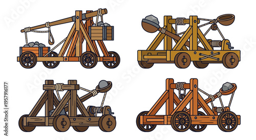 Four colorful illustrations of medieval trebuchets and siege weaponry