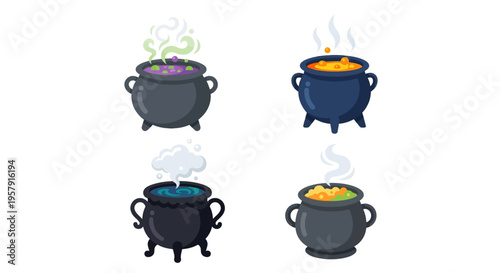 Four cartoon cauldrons with colorful bubbling potions and rising steam