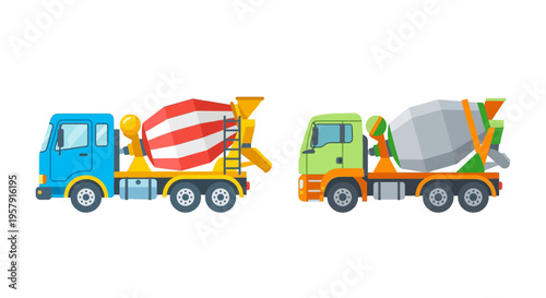 Colorful illustration of two concrete mixer trucks side by side