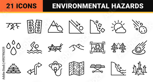 Natural Disaster and Climate Emergency Monoline Outline Icon Set Featuring Minimalist Geometric Symbols for Environmental Hazards and Safety.