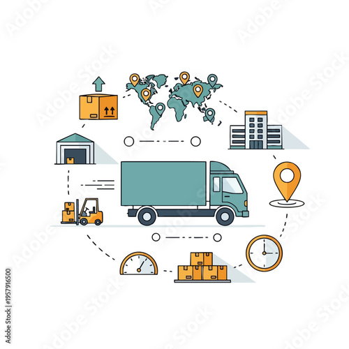 Logistic process from warehouse to global delivery with truck and time monitoring