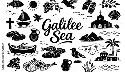 Galilee Sea vector illustration with various nautical and biblical symbols