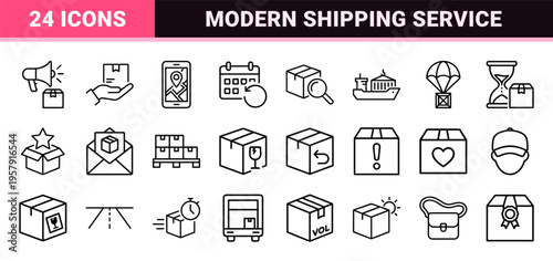 Commercial Logistics and Package Delivery Services Line Art; Minimalist Geometric Outline Symbols for Shipping, Tracking, and Distribution.