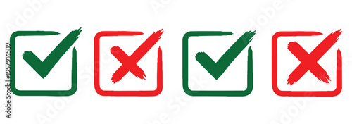 Grunge vector checkmark and cross. Grunge green check mark and red cross mark icon set. brush correct or incorrect sign with circle
