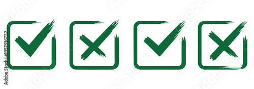 Grunge vector checkmark and cross. Grunge green check mark and red cross mark icon set. brush correct or incorrect sign with circle