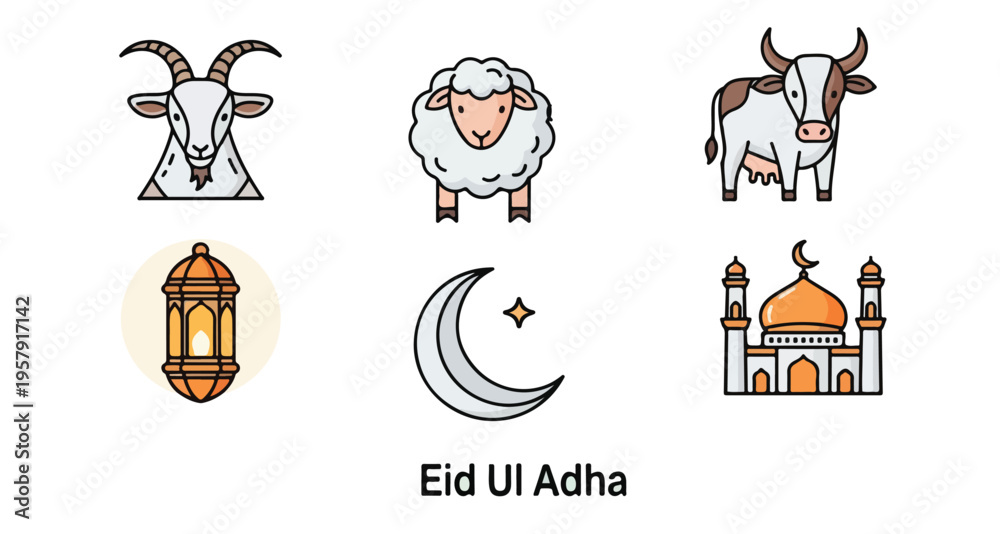 Obraz premium Eid Ul Adha celebration icons set with mosque goat sheep and lantern in flat illustration for religious holiday