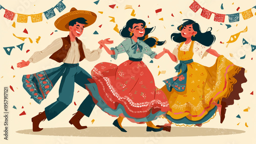 Vector illustration of 3 people dancing in traditional Mexican clothing