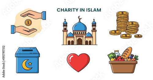 Islamic charity icons in flat colorful style with bright vibrant colors in flat lay format for non-profit organization