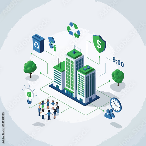 Diverse elements connected around a city skyline, representing urban sustainability