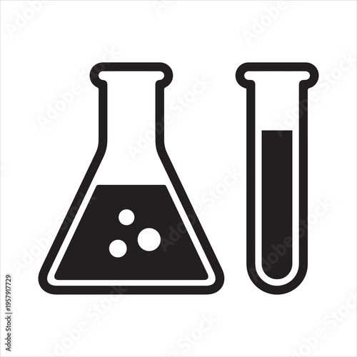 Chemistry beakers with Erlenmeyer flask and test tube holding chemicals flat vector icon for science apps and websites