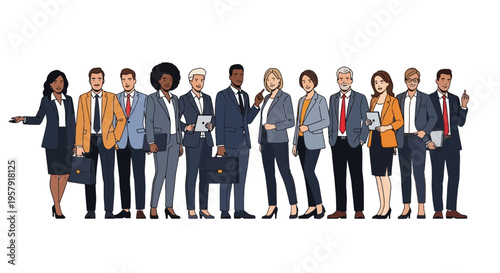 Diverse group of business professionals and corporate team standing together in formal attire