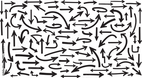 A chaotic arrangement of arrows pointing in various directions