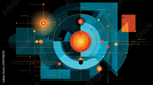 Abstract geometric artwork featuring interconnected shapes and lines in teal, orange, and yellow
