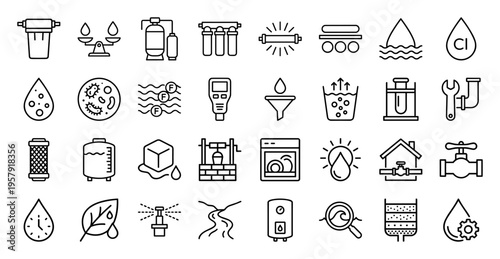 Pure Water Treatment and Filtration System Icons featuring Minimalist Monoline Design for Plumbing and Environmental Science Utility.