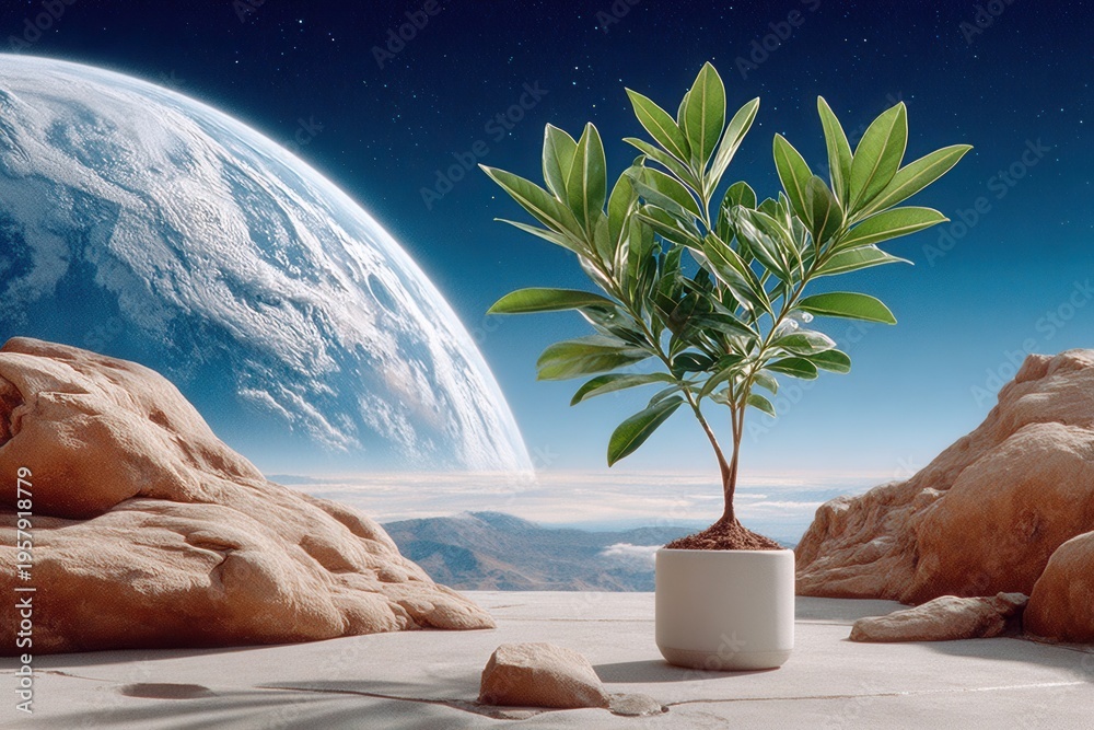 Fototapeta premium Young potted plant sprouting on a lunar landscape with Earth rising in the background