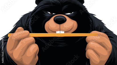 A fierce black animal with a serious expression, grasping a yellow object with its hands and teeth