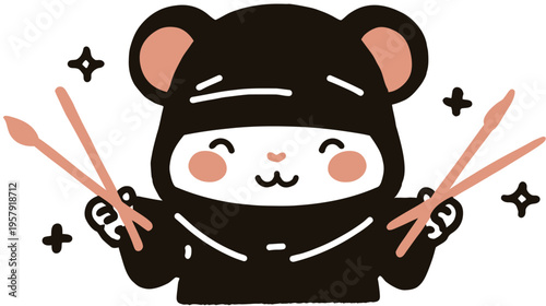 Adorable mouse character holding two chopsticks, joyful expression, star sparkles